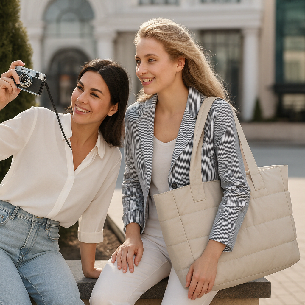 Deux femme prennent photo l'une d'elle porte le Sac de voyage pour cabine gris épaule