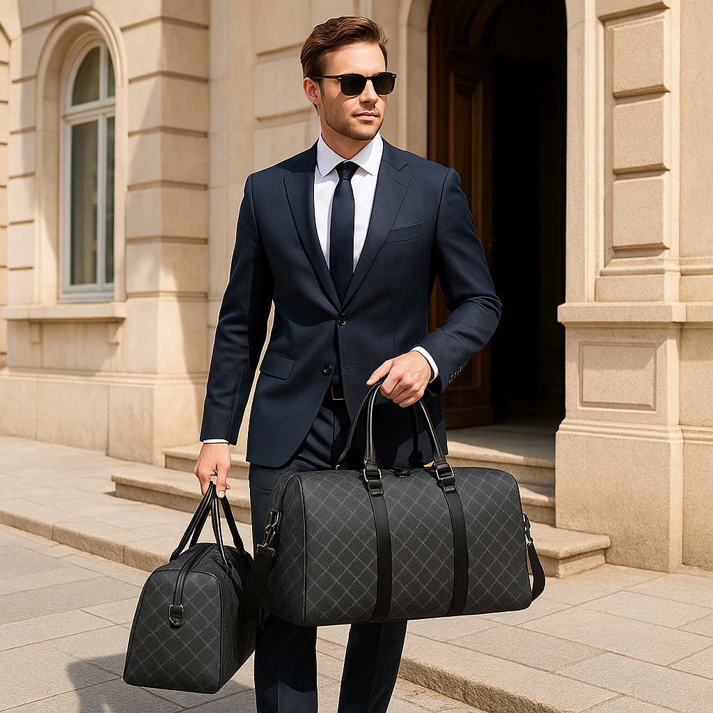 Sac de voyage pour homme porter par un chauffeur habiller style classique à l'extérieur d'un immeuble