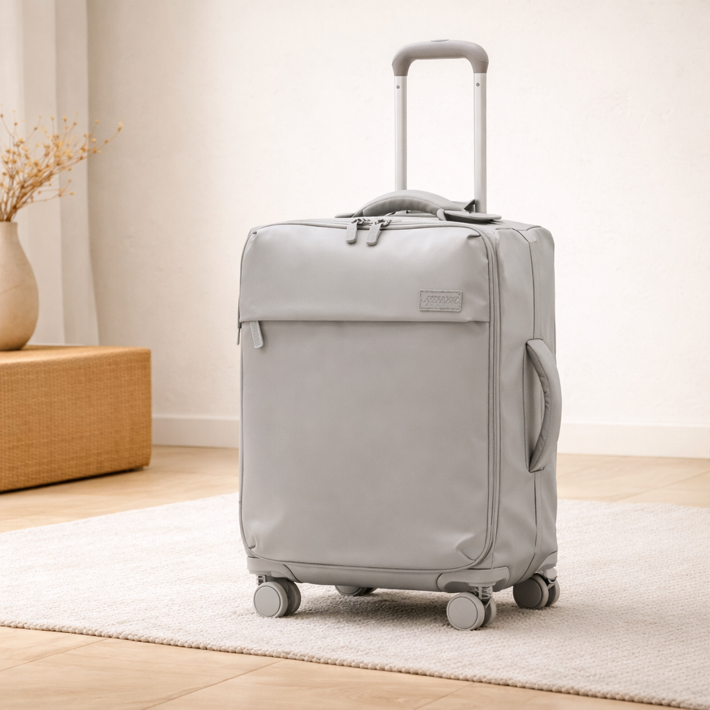 La valise souple cabine grise à 4 roues avec poignée télescopique, format léger pour voyage ou court séjour