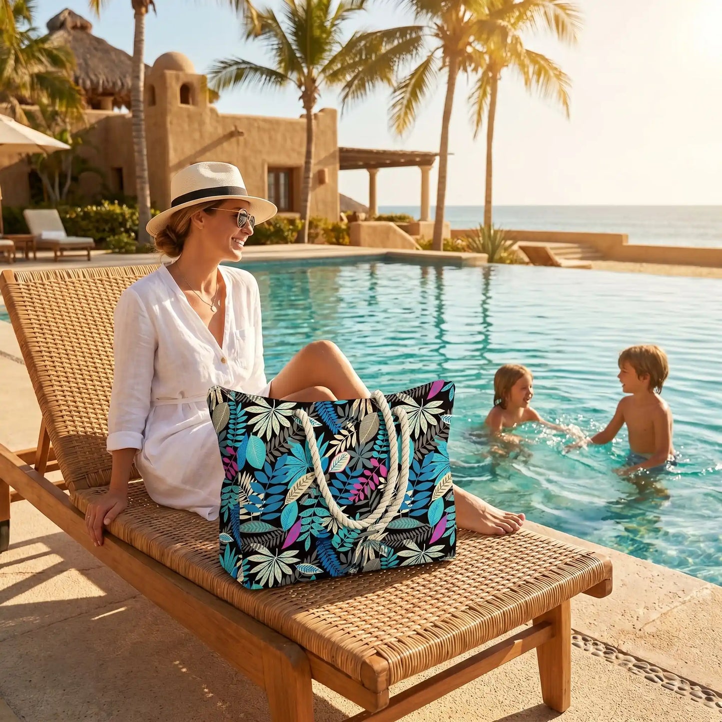 Maman sur le bord de la piscine avec sac cabas plage avec enfant