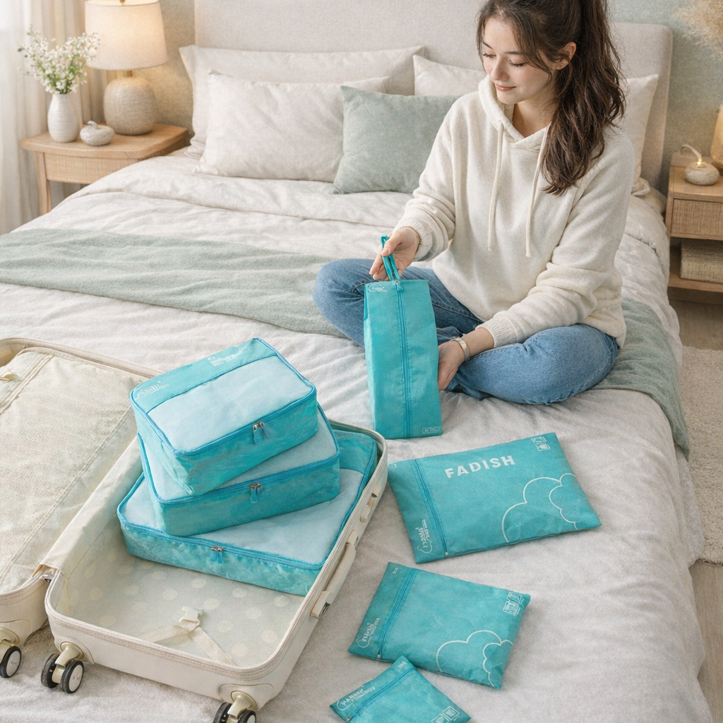 Packing Cube disposĂ© dans deux valises ouvertes, organisation optimale des vĂȘtements dans une ambiance chaleureuse.