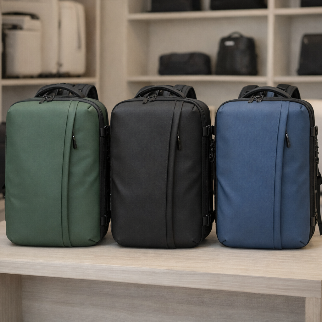 Presentation-Sac Ă dos de voyage cabine Ă compression, en trois couleurs â vert, noir et bleu â posĂ© sur une table dans une boutique de bagagerie