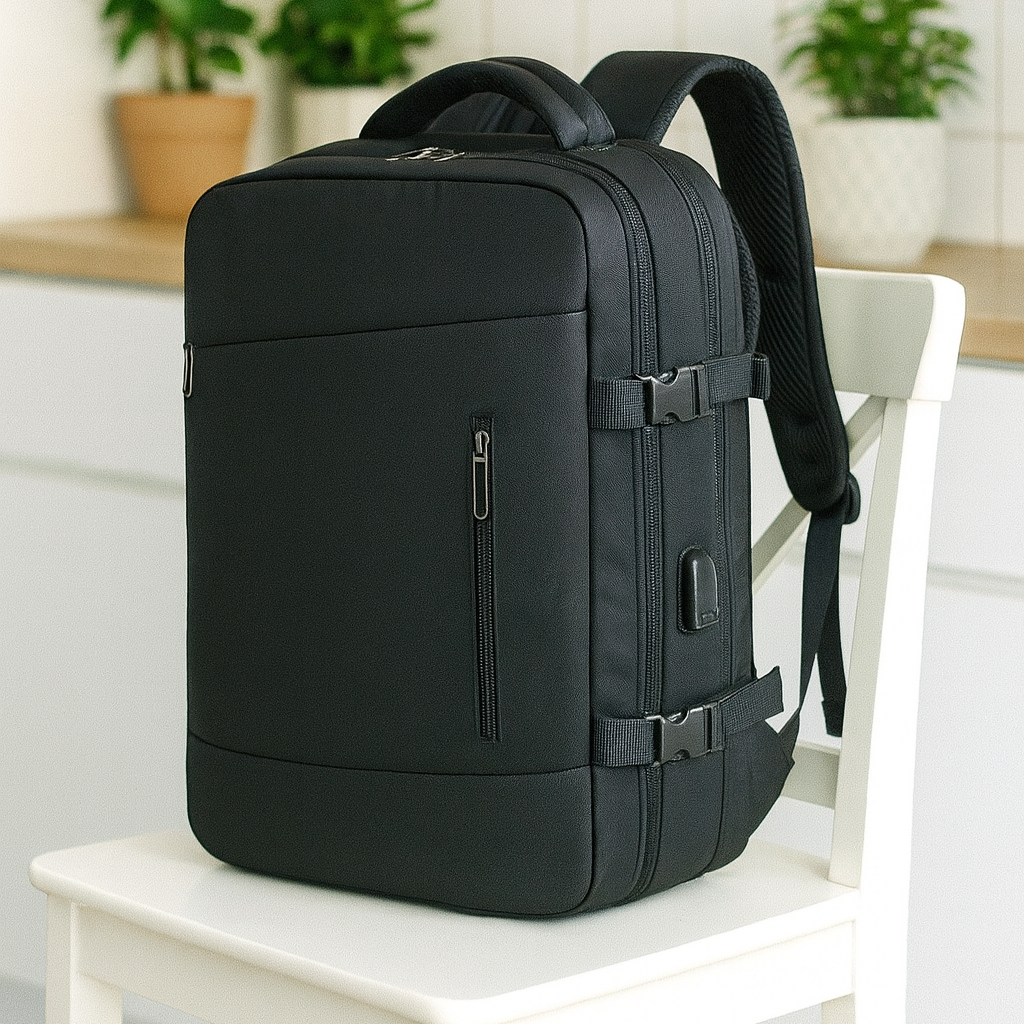 Sac a dos voyage cabine pratique et polyvalent noir sur chaise cuisine en bois blanche