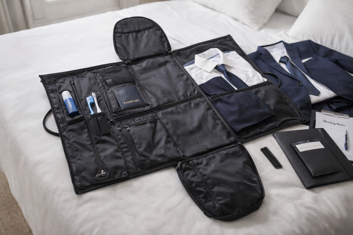 Sac de Voyage Homme 2 en 1 completement ouvert pret a l emploi costume passeport brosse a dents et autres objets