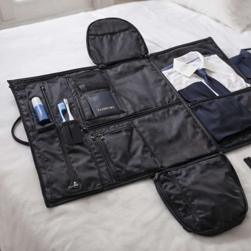 Sac de Voyage Homme 2 en 1 completement ouvert pret a l emploi costume passeport brosse a dents et autres objets