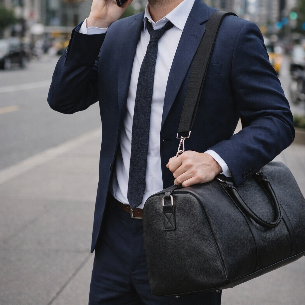 Homme dans paysage urbain avec Sac de voyage homme en bandouliÚre sur costume, idéal pour déplacements professionnels et weekend urbain