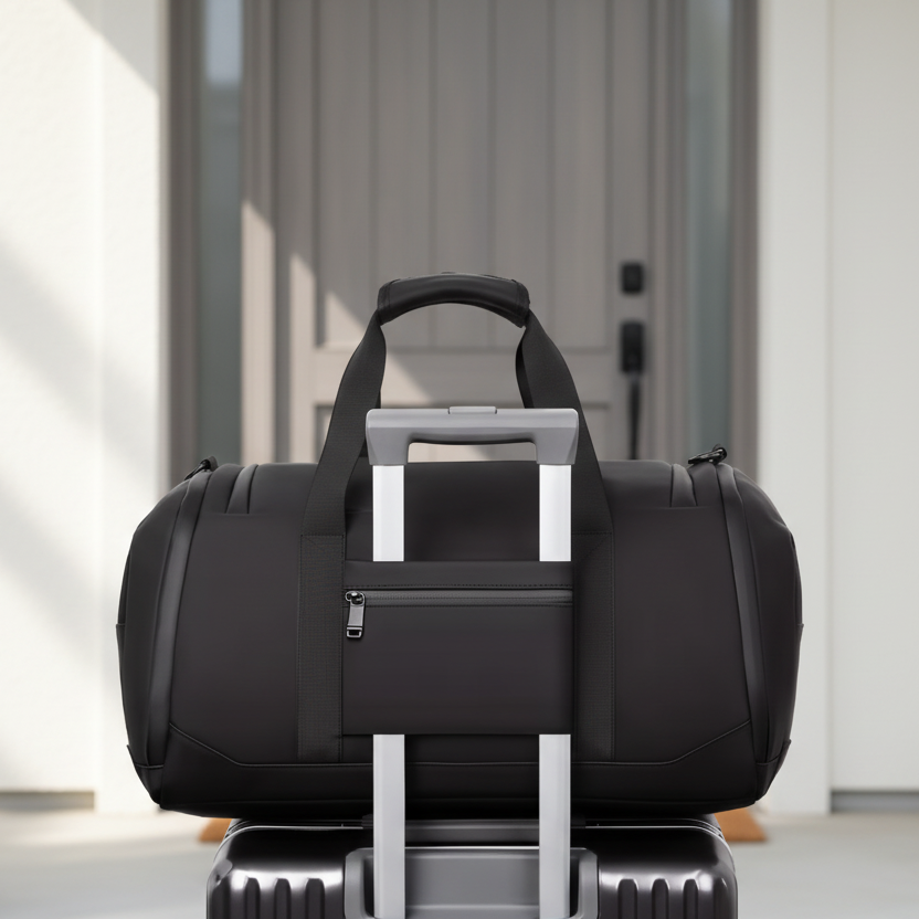 sac de voyages noir fixe sur valise avec passe trolley pour déplacements