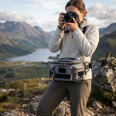 femme en nature avec sac banane voyage entrain de prendre photo