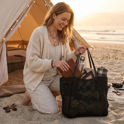 Femme sur un genoux avec Sac de plage femme Douce Évasion