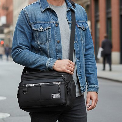 homme en randonné urbaine avec son SAC BANDOULIERE HOMME noir