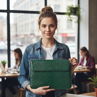 Housse pour ordinateur femme en cuir texturé vert, tenue à la main par une femme dans un café moderne et lumineux