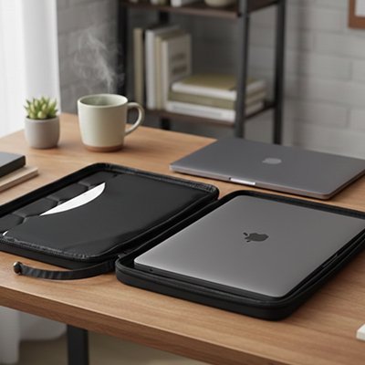 Pochette ordinateur ouverte à 180 degrés sur bureau qui protÚge totalement votre appareil contre les rayures, les bosses et les chocs.