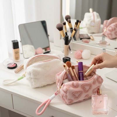 Pochettes maquillage rose et crème en tissu doux, ouvertes sur coiffeuse
