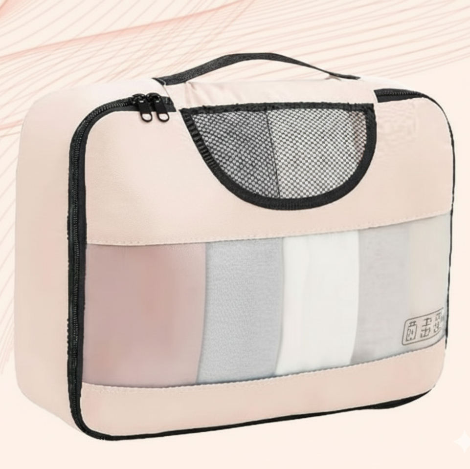 presentation organisateur de valise beige style creme pret au depart sur fond rose possible voir interieur avec petit grillage