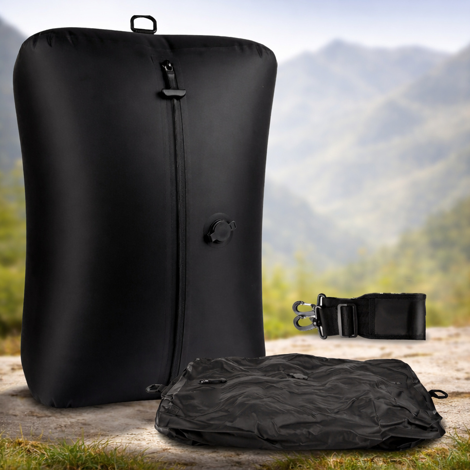 Présentation du sac de rangement pour voyage ZenCompressible : avant/après compression dans un décor montagneux, pour un gain de place optimal.