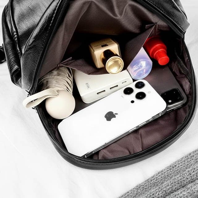 sac à dos voyage sur lit et couverture de laine ouvert contenant téléphone, batterie externe et produits essentiels. Permet de voir un rangement organisé et pratique pour le voyage.