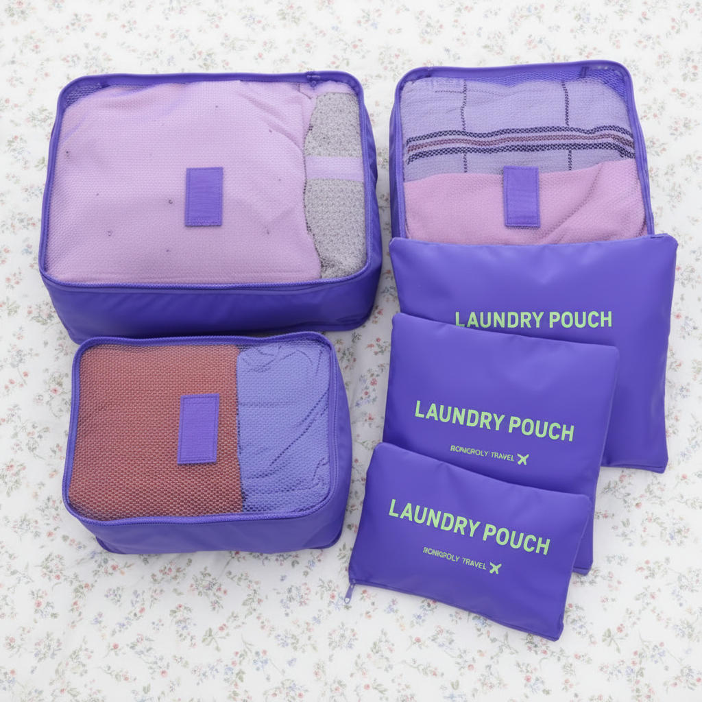 Ensemble de sacs de rangement pour voyage violets contenant des vĂȘtements pliĂ©s pour organiser efficacement une valise.