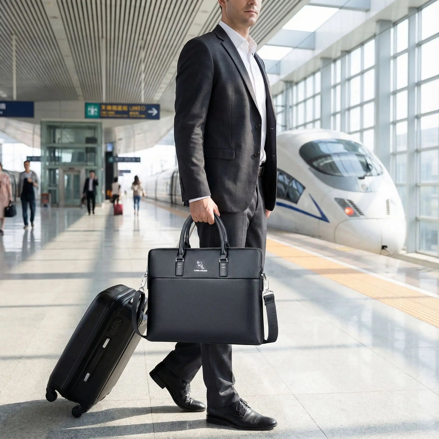 Homme en costume marchant dans une gare moderne, portant une sacoche ordinateur homme effet cuir noire et tirant une valise de voyage professionnelle.