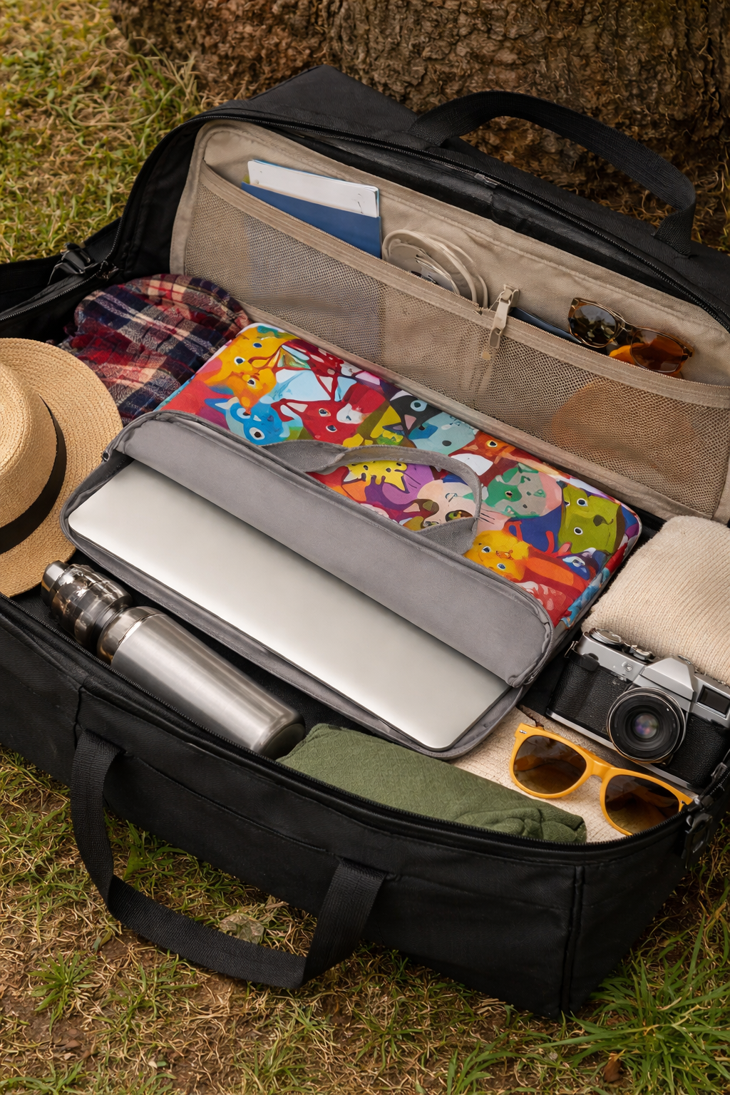 Sacoche pour ordinateur multi-colore et unique posĂ©e dans un sac de voyage ouvert, entourĂ©e de vĂȘtements et accessoires, idĂ©ale pour transporter un ordinateur en dĂ©placement.