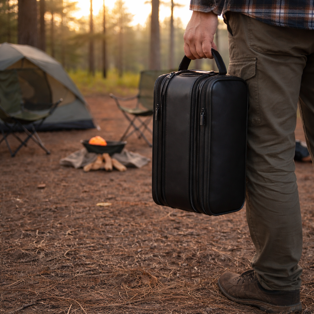 Trousse de toilette voyage effet cuir vĂ©ritable ouverte, rĂ©vĂ©lant plusieurs compartiments pour un rangement optimal des produits dâhygiĂšne.