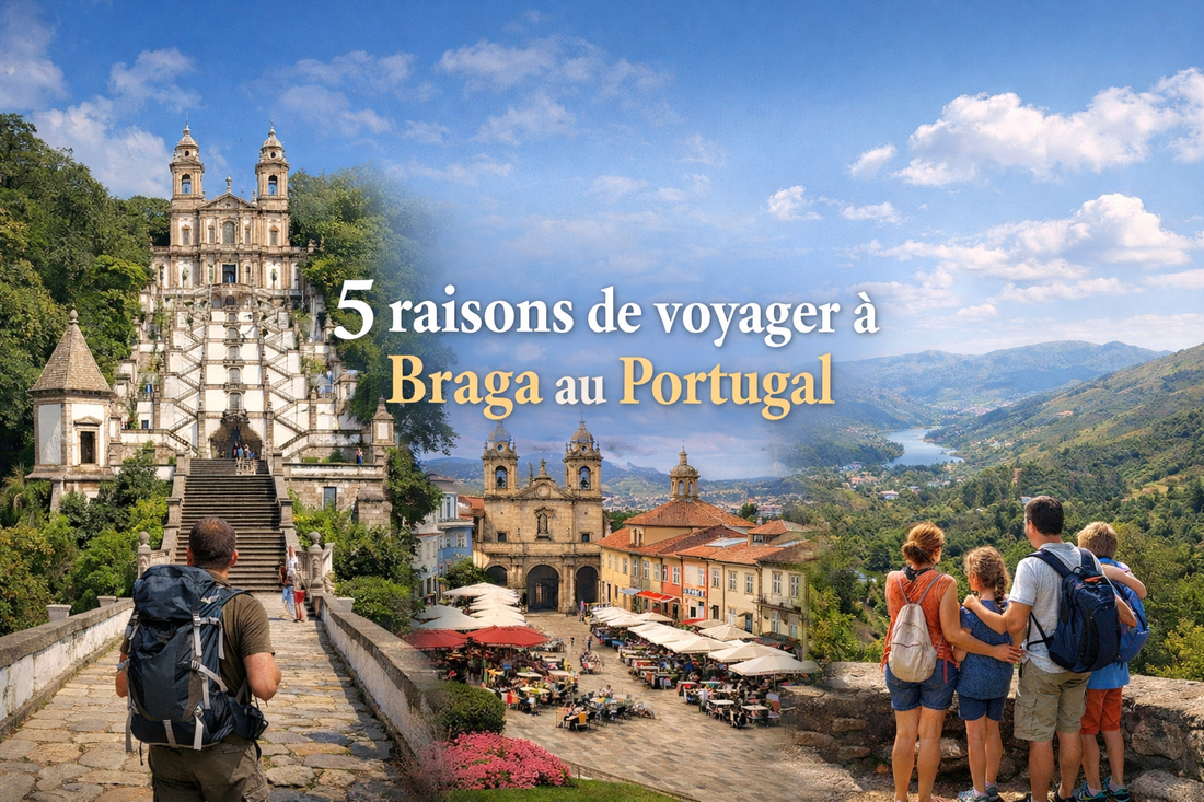 Image panoramique de Braga au Portugal avec le sanctuaire de Bom Jesus, le centre historique et un panorama nature, idéale pour solo, randonneurs et familles.