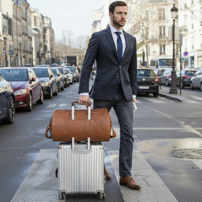 homme avec petite valise trolley qui traverse une rue en milieu urbain