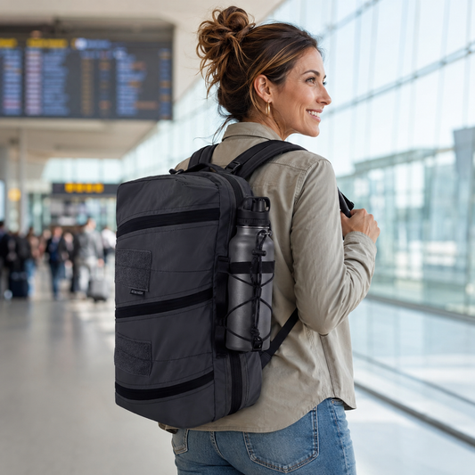 À l’aéroport avec sac à dos de voyage avion Aventupack cabine