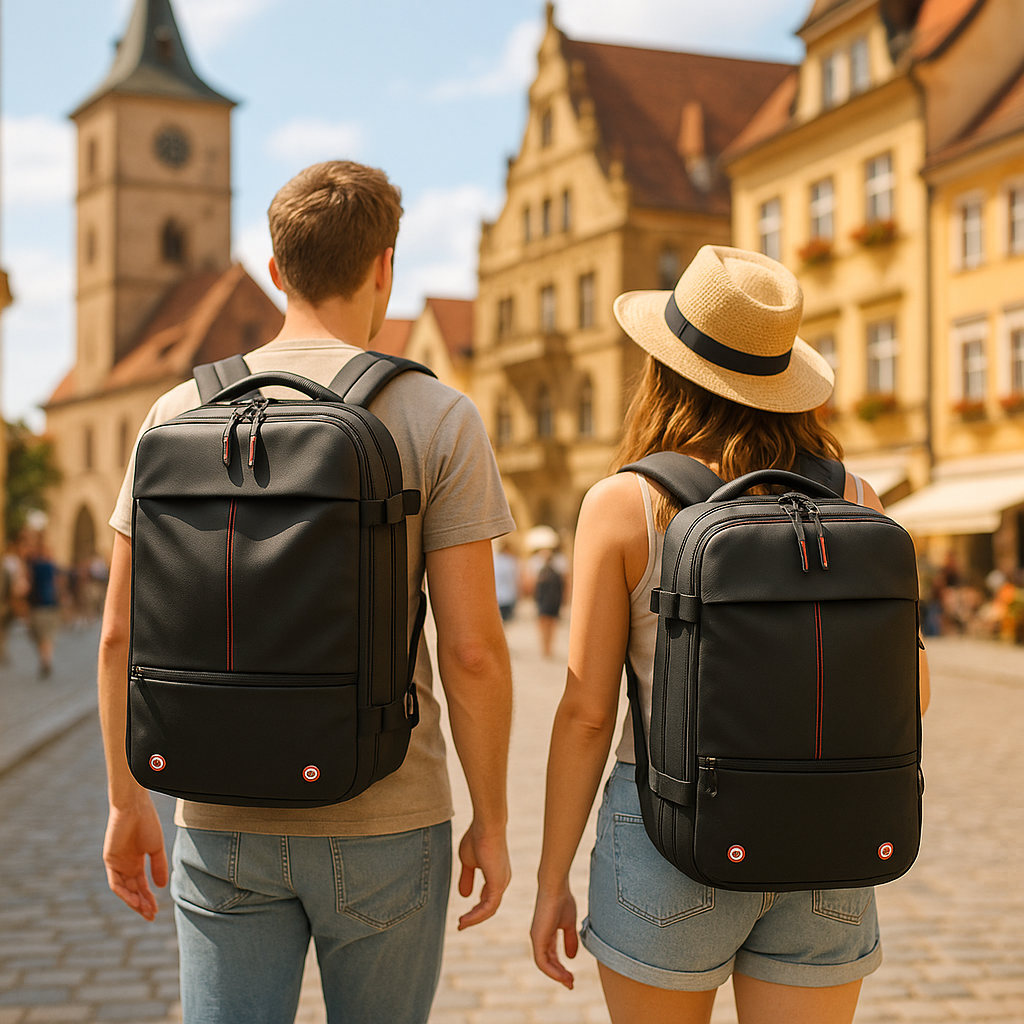 couple explore ville chacun sac a dos voyage noir compression sous vide