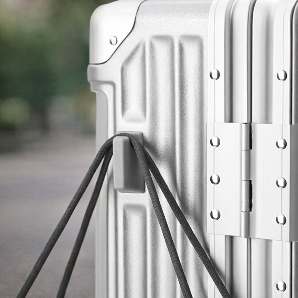 dans un cadre naturel présentation du crochet sur la petite valise cabine rigide