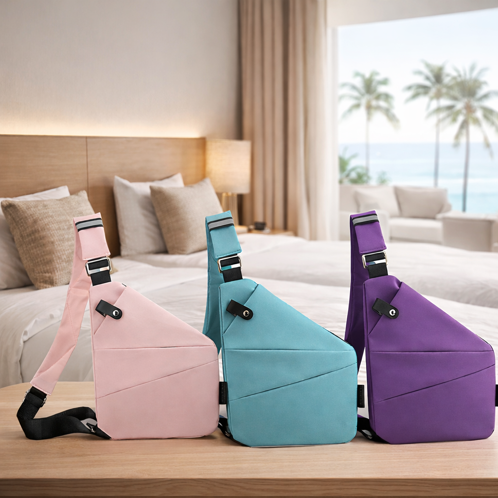 Dans une chambre d’hôtel moderne, un sac bandouliere femme antivol