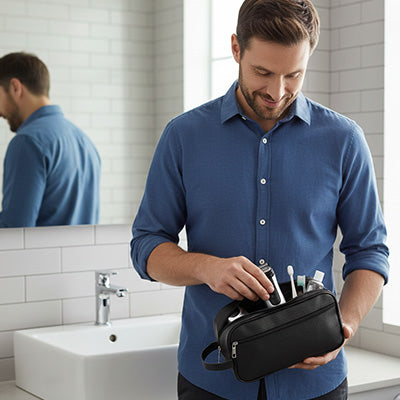 Départ de l’hôtel, trousse de toilette homme en préparation pour le travail
