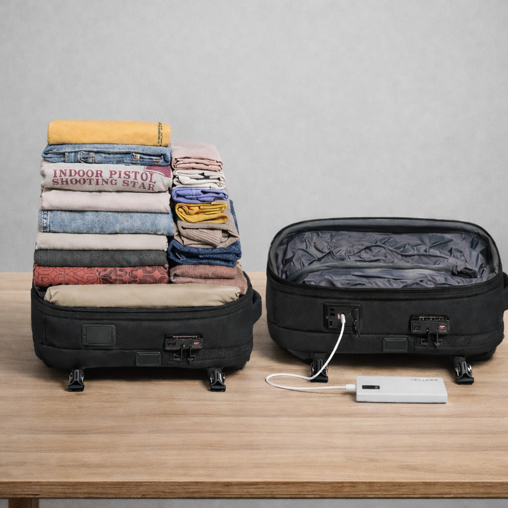 différence avant et après compression avec sac à dos voyage cabine compression et démonstration la recharge  batterie externe branchée port USB intégré