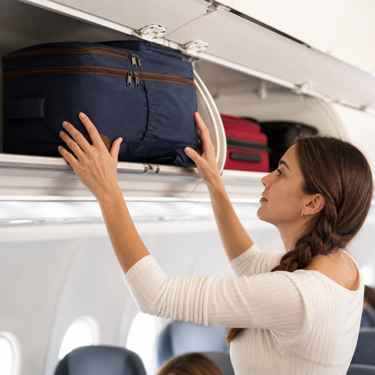 Femme qui place le bagage sac a dos à bord de l’avion