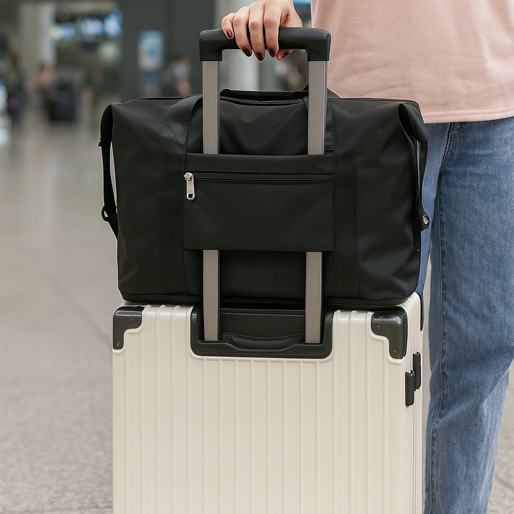 femme à l’aéroport son bagage cabine femme sur valise trolley à l’aéroport en attente de l’embarquement