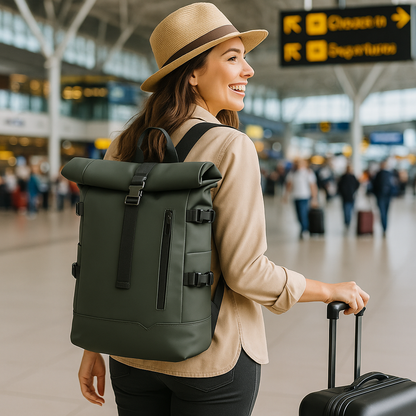 femme aéroport SAC A DOS VOYAGE ZenVoyage roller vert souriante