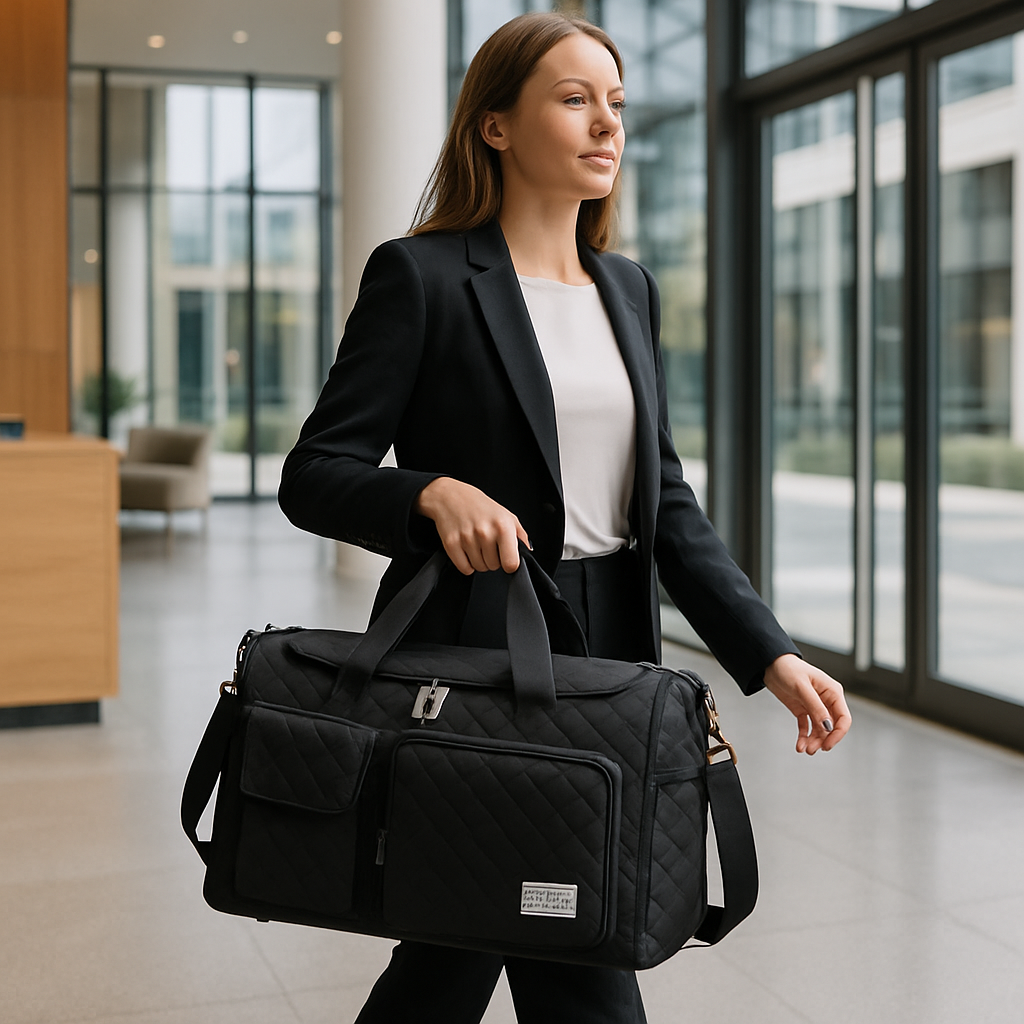 Femme affaires Sac de voyage ZenVoyagExpress noir dans lobby de bureau