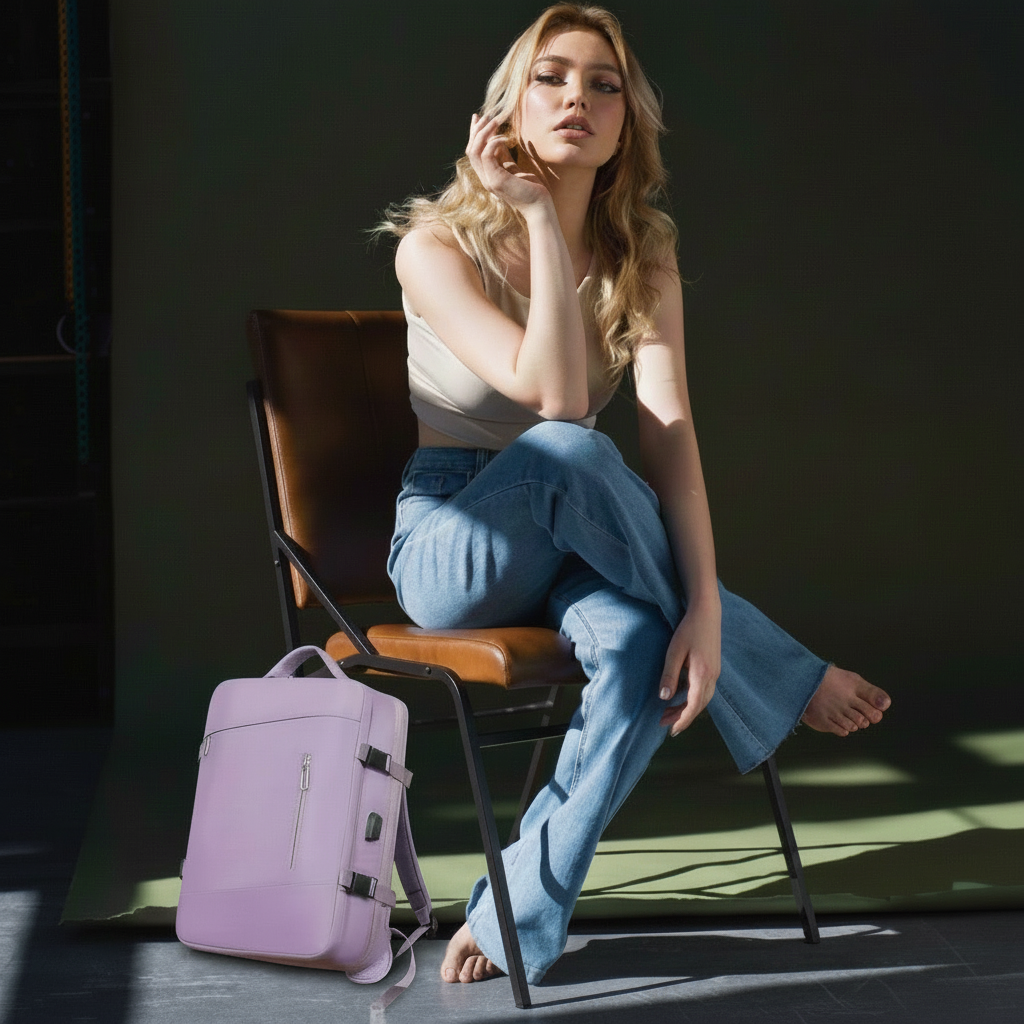 Femme assise sur un banc Sac a dos voyage style cabine sur un banc position d attente