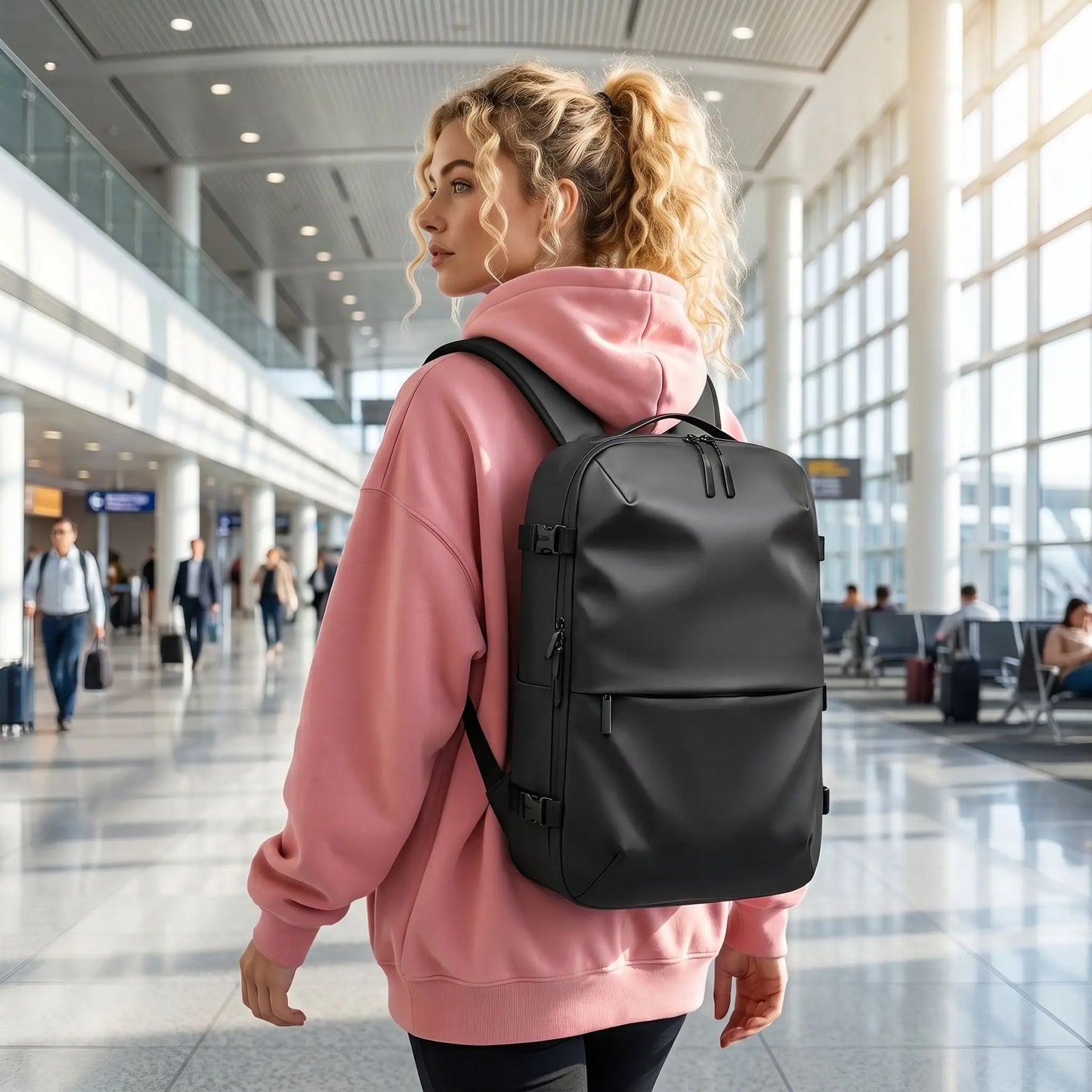 Femme avec bagage cabine à l’aéroport