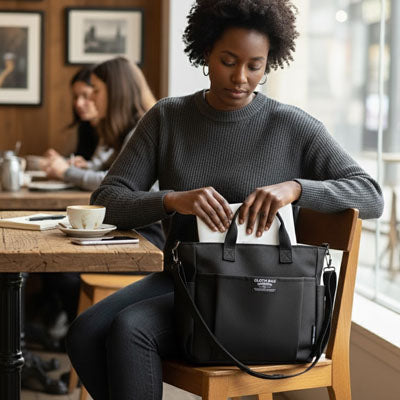 Femme assise dans un café rangeant un ordinateur portable dans une pochette ordinateur pour femme noire au style élégant.