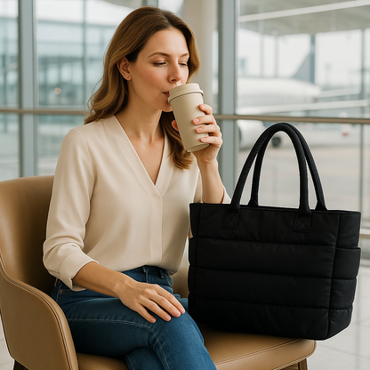 Femme elegante prend cafe avec Sac de voyage pour cabine noir en attente aeroport
