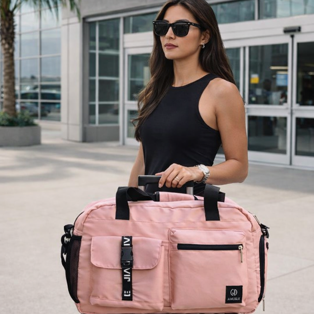 Femme élégante sous les palmiers se déplace avec un sac week end femme rose à l’aérogare