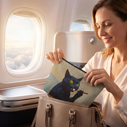 femme en avion avec Trousse à maquillage Amour de Chat