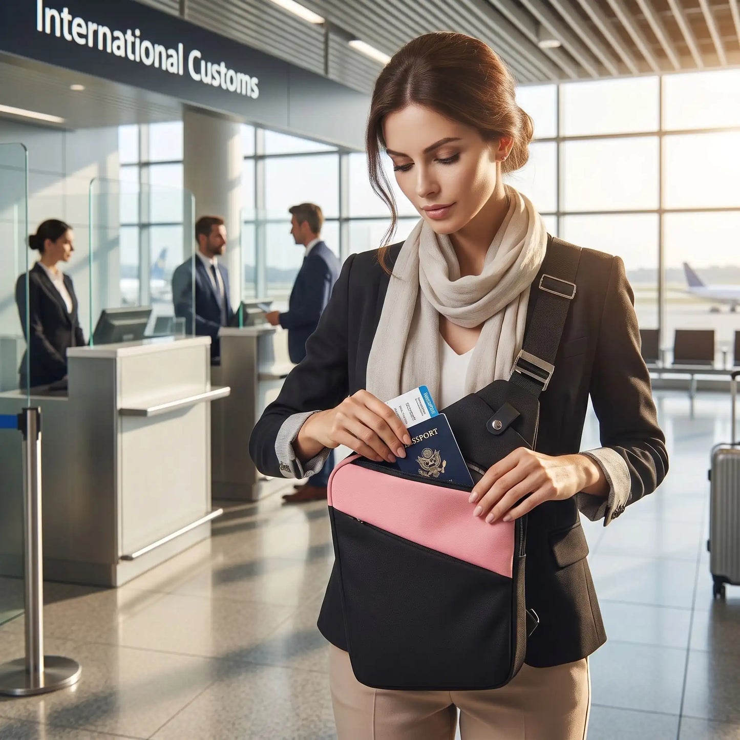 Femme en direction de la sécurité avec un sac à bandoulière