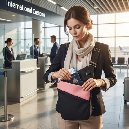 Femme en direction de la sécurité avec un sac à bandoulière