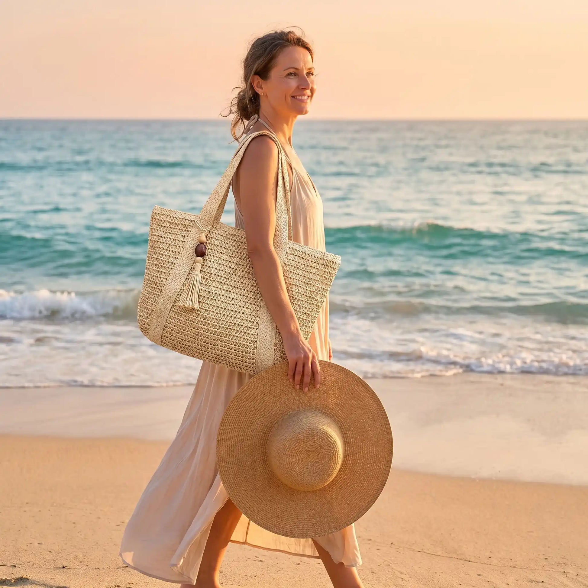 Femme marche avec sac de plage luxe tendance