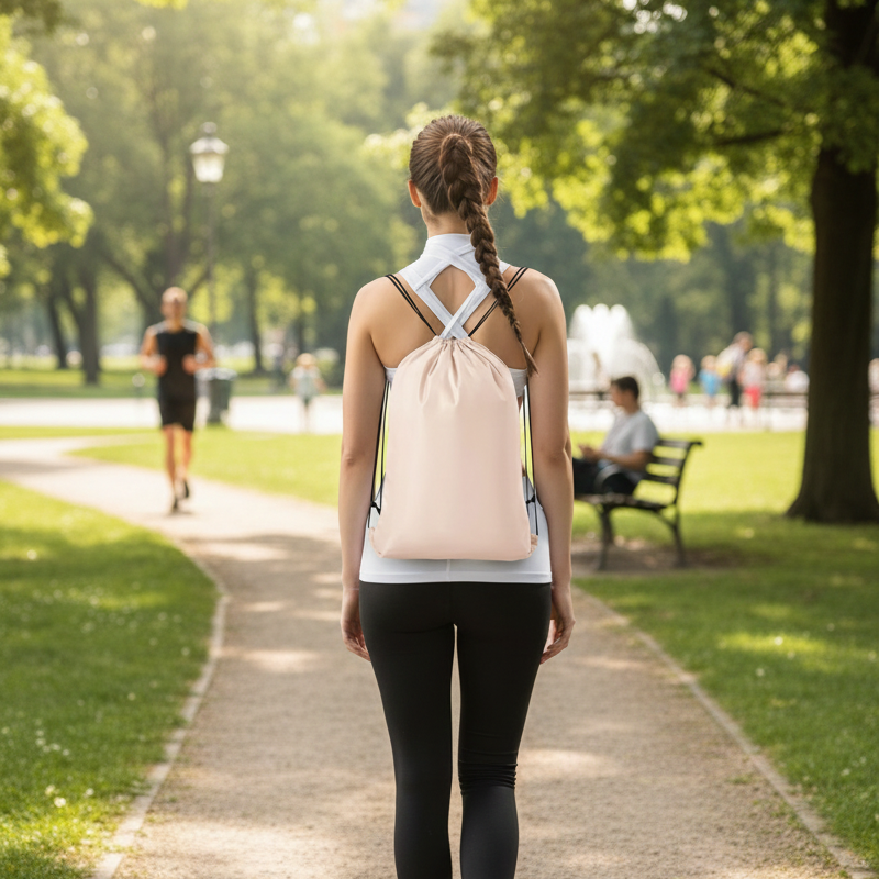Femme marche dans parc avec pochette organisateur de valise