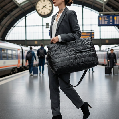 Femme portant un grand sac week end noir matelassé, format spacieux, en marchant dans une gare