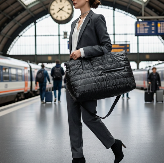 Femme portant un grand sac week end noir matelassé, format spacieux, en marchant dans une gare
