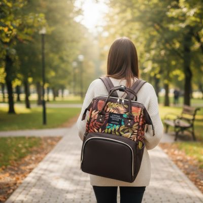 Femme marchant seule avec un sac de voyage à dos pour bébé, couleur café
