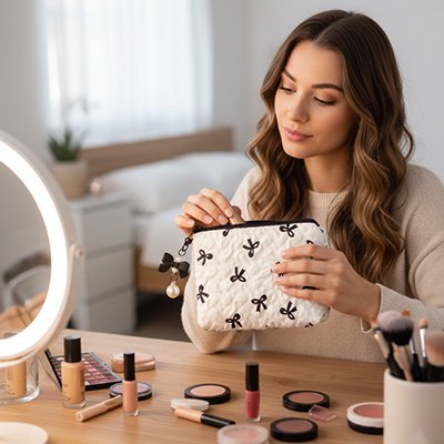 femme prendre rouge lèvres trousse maquillage blanche boucle noir